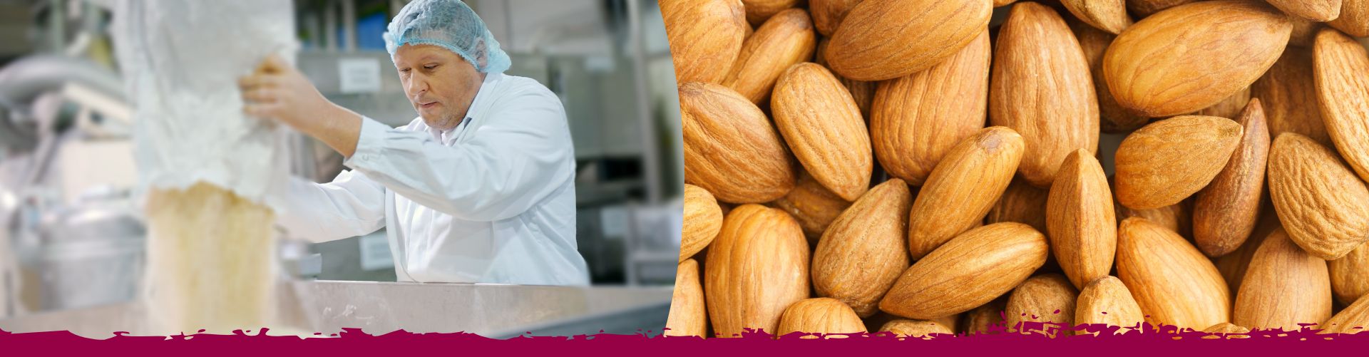 Verarbeitung von Rohstoffen in der Lebensmittelproduktion mit Fokus auf Mandeln.